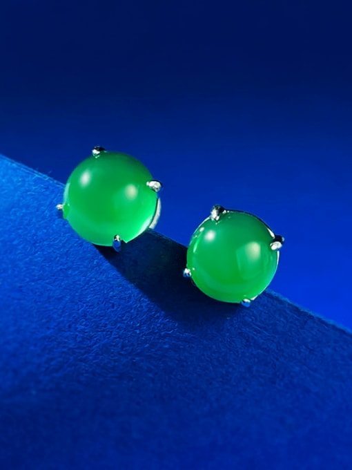 E456 Green Chalcedony [Large 8mm] 925 Sterling Silver Jade Round  Bead Vintage Stud Earring